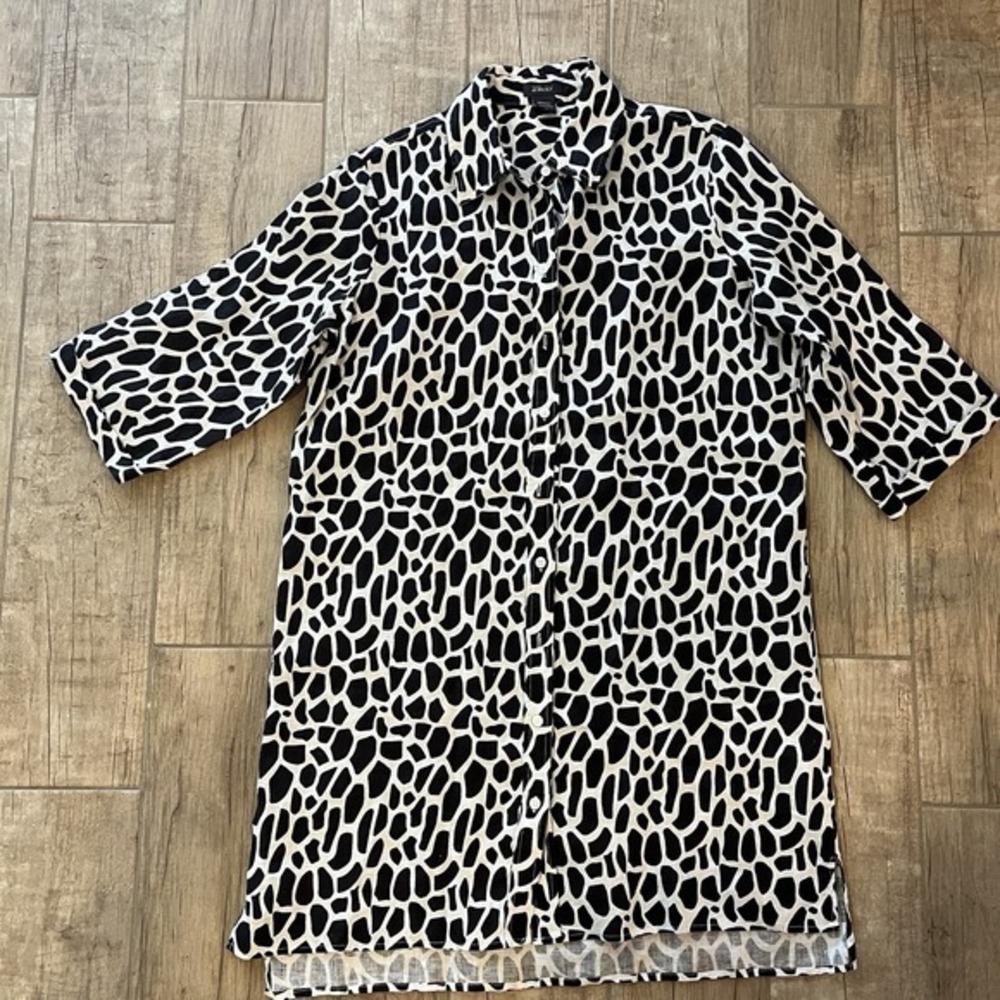 Pure Amici Dress Linen Roll Tab Sleeve Black White Bold Print Button Through Med